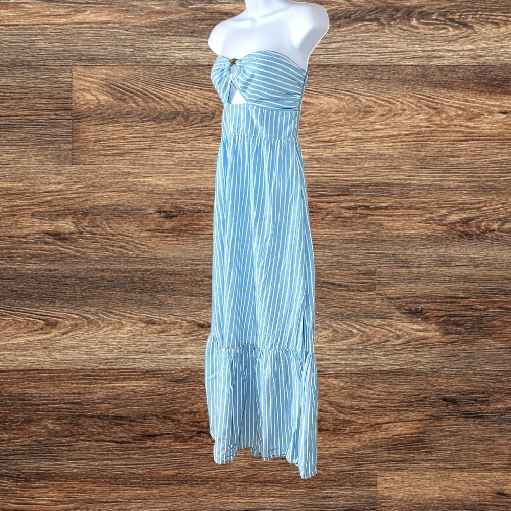 L*Space Melody Dress Size M Blue Bay Stripes Linen Blend Strapless Maxi Tiered - Picture 5 of 8